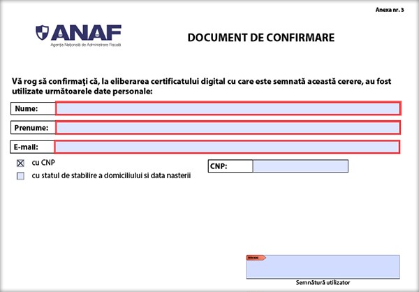 Document de confirmare a certificatului digital